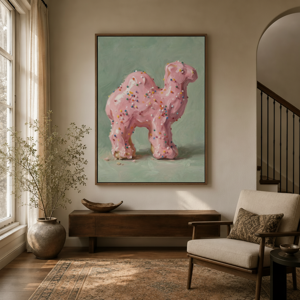 Funny animal cracker canvas wall art displayed in modern entryway with arched doorway