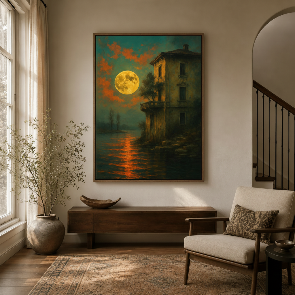 Dramatic night scene oil painting canvas hanging in cozy entryway with dried botanicals and linen armchair
