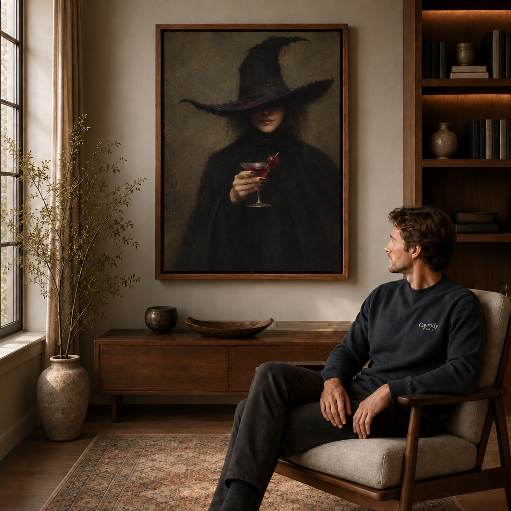 Walnut framed witch with red cocktail wall art styled in a moody contemporary interior