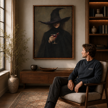 Walnut framed witch with red cocktail wall art styled in a moody contemporary interior