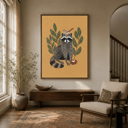  Woodland raccoon folk art wall art in dark walnut frame hanging in transitional entryway with dried branches