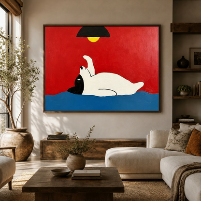 Bold white dog illustration canvas wall art hung in a cozy living room with arched doorway and armchair