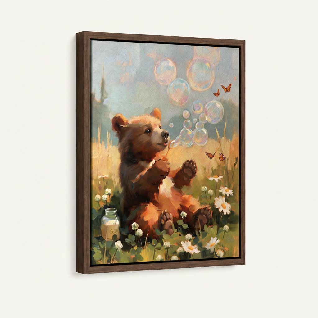Cute bear cub soap bubbles flower field canvas in dark walnut float frame, 3/4 left angle on off-white background