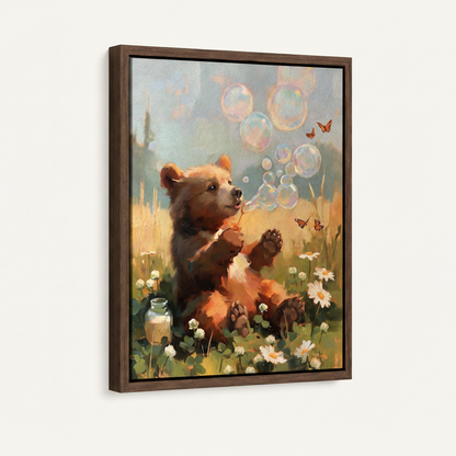 Cute bear cub soap bubbles flower field canvas in dark walnut float frame, 3/4 left angle on off-white background
