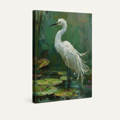 Gallery-wrapped white egret pond canvas with seamless emerald green wrap sides on cream background