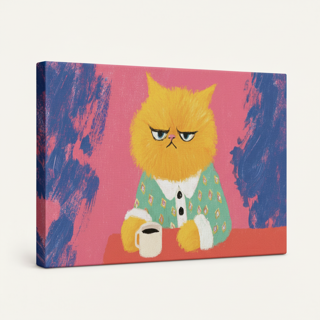 Gallery-wrapped grumpy cat canvas wall art showing bold pink background and blue brushstrokes