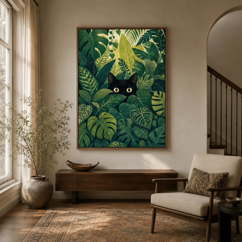 Jungle cat flat illustration wall art hanging in bright hallway entryway above console table