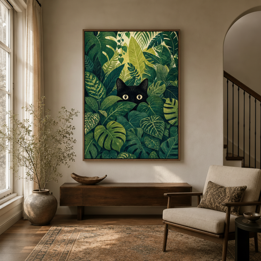 Jungle cat flat illustration wall art hanging in bright hallway entryway above console table