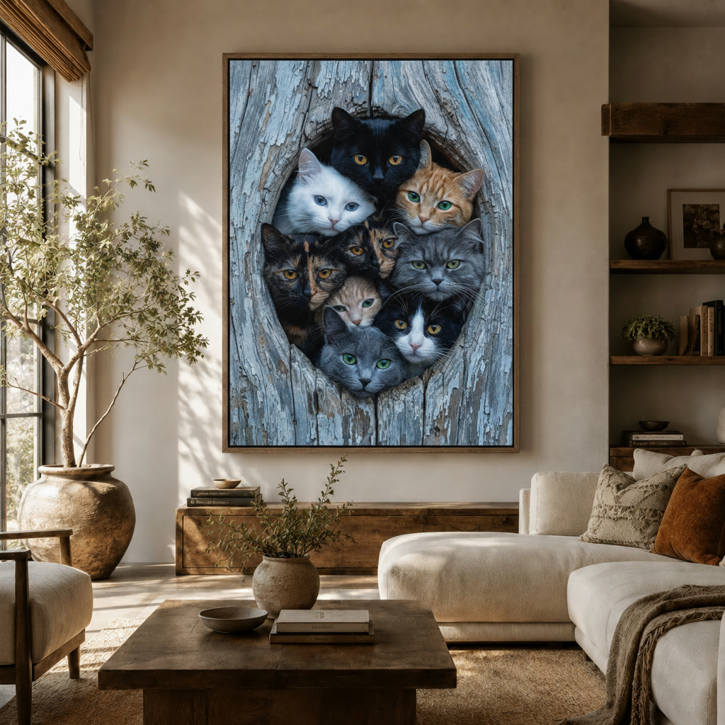 Curious cats framed wall art hanging in modern neutral living room