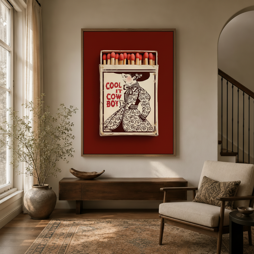 Retro matchbox wall art in dark walnut float frame styled in a cozy entryway with dried branch arrangement