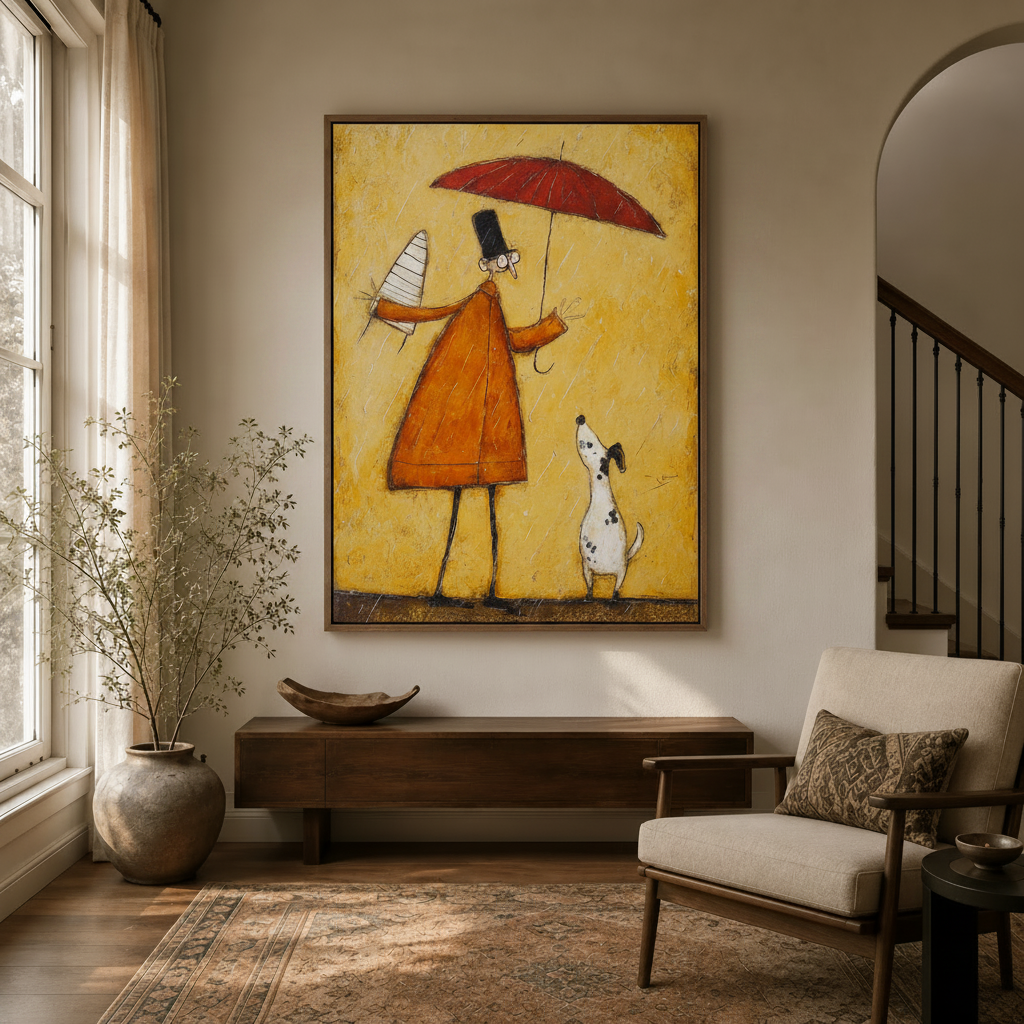 Folk art wall art featuring a man, striped gift and dalmatian dog hanging in a transitional entryway with arched doorway