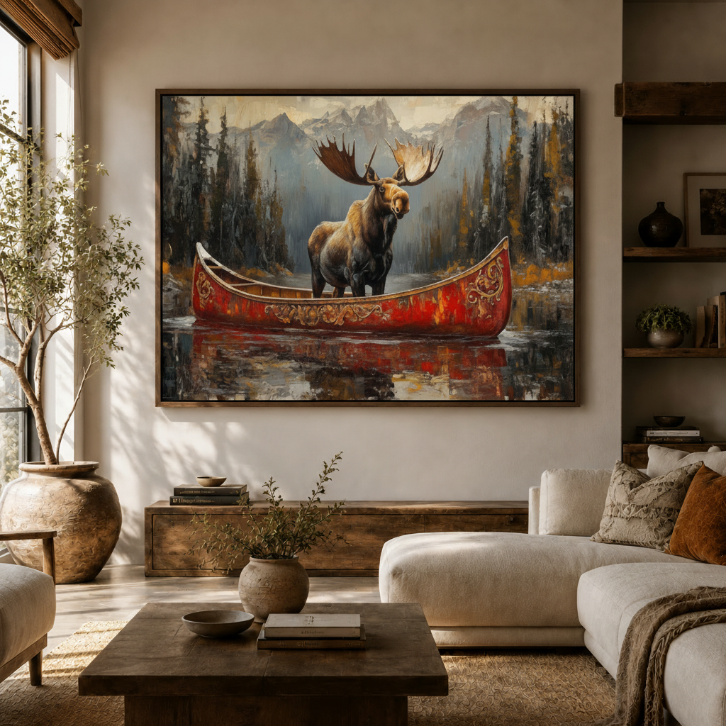 Wildlife canvas wall art with moose in red canoe hung above sideboard in modern living room