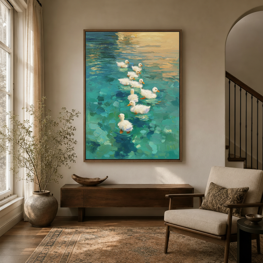 Aerial view duck painting displayed in a cozy entryway with dried branch arrangement and arched doorway