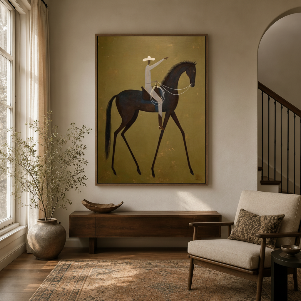 Minimalist western horse painting in float frame hanging in an elegant foyer above dark wood console