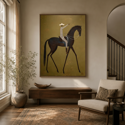 Minimalist western horse painting in float frame hanging in an elegant foyer above dark wood console