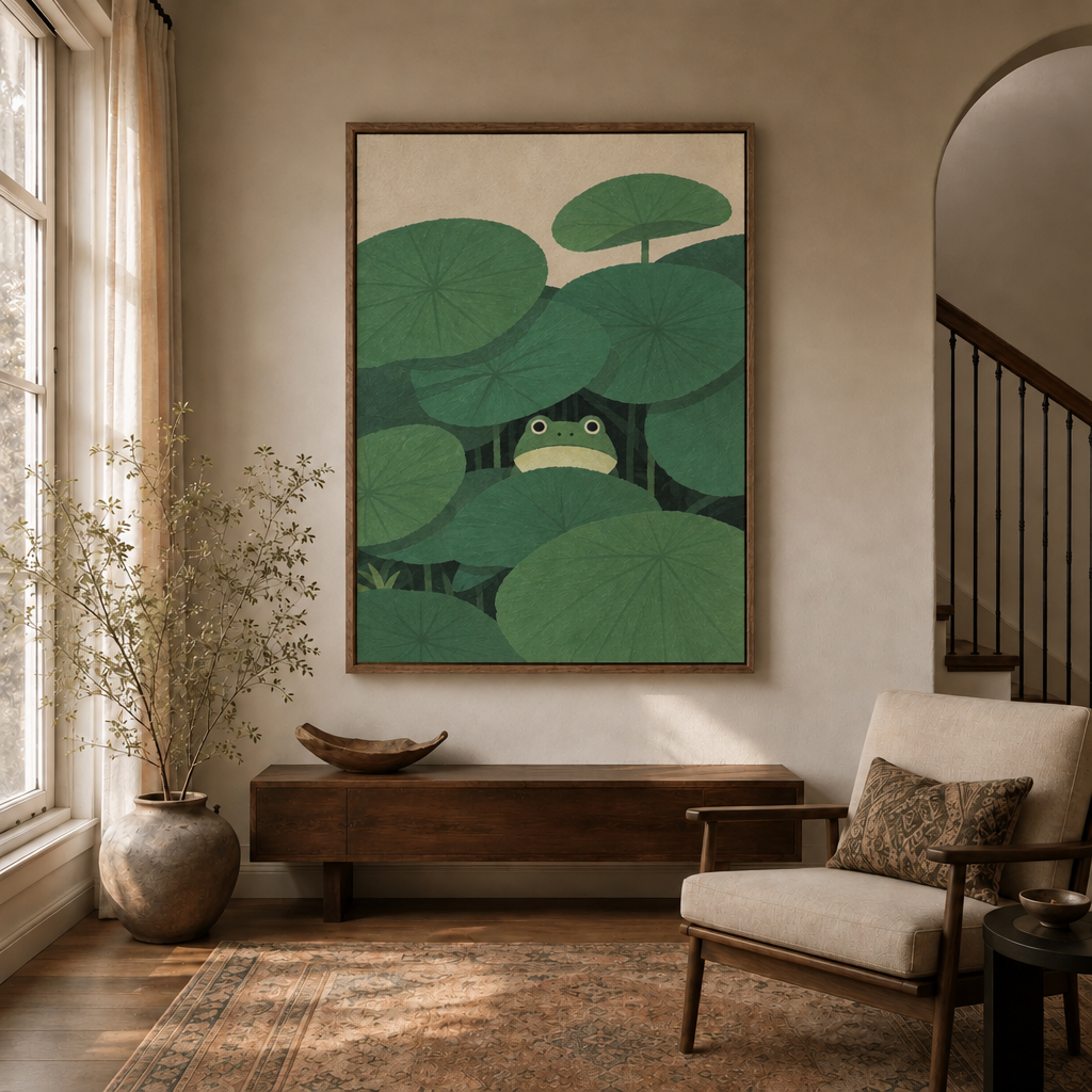 Frog under lotus leaves canvas in walnut float frame displayed in bright modern entryway