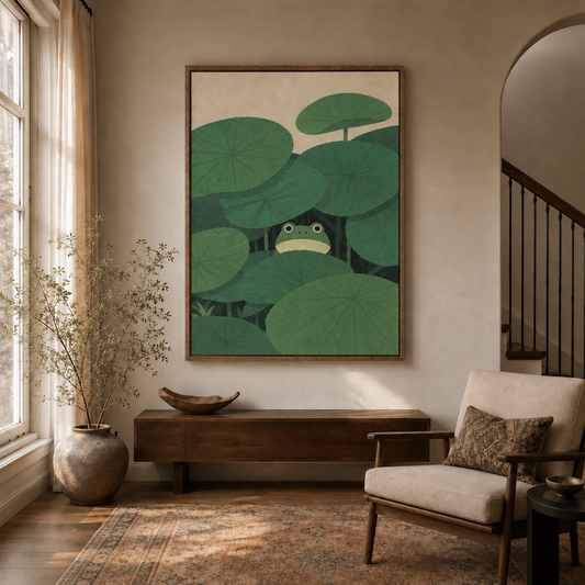 Frog under lotus leaves canvas in walnut float frame displayed in bright modern entryway
