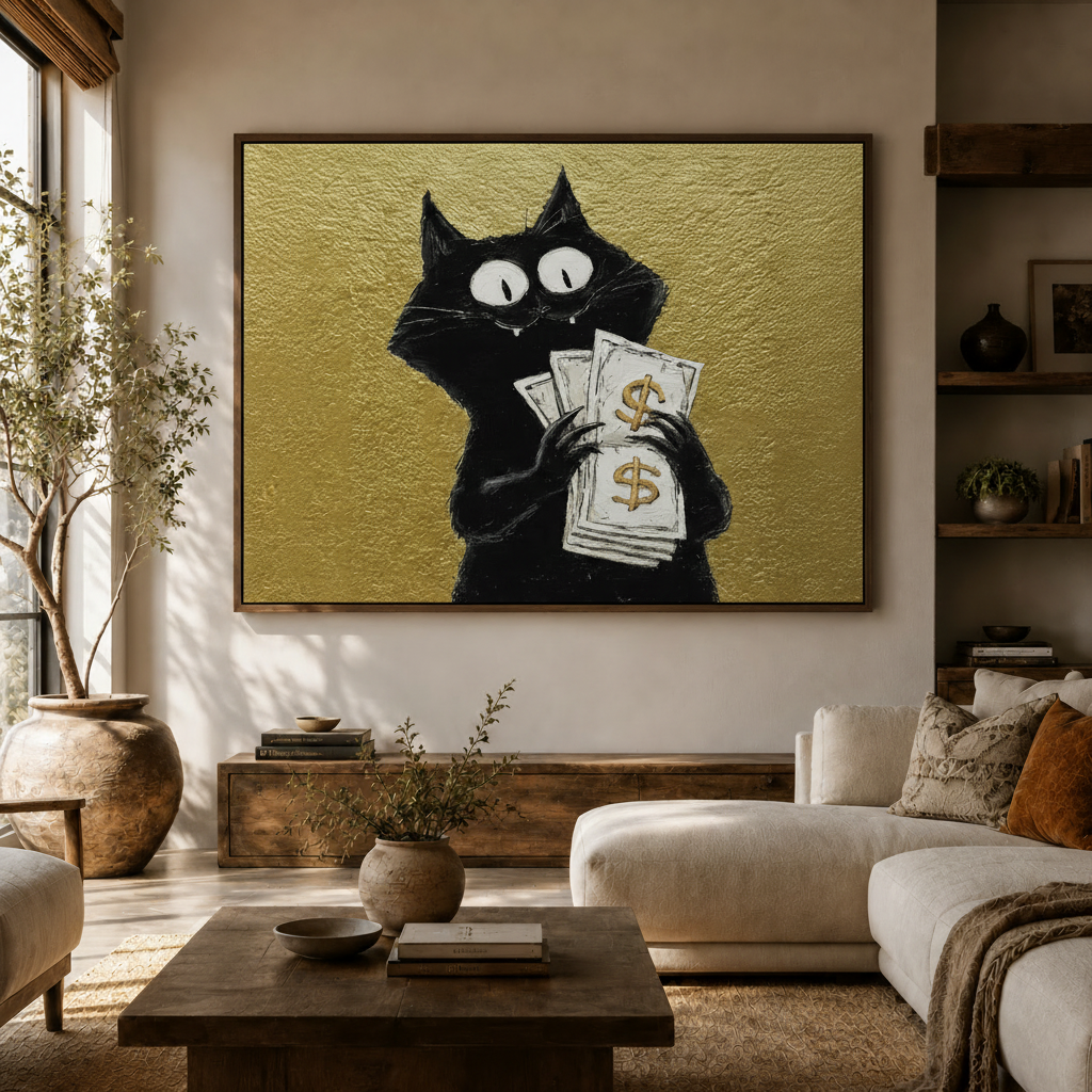 Bold black cat holding cash framed canvas art above console table in cozy earth-tone living room