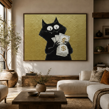 Bold black cat holding cash framed canvas art above console table in cozy earth-tone living room