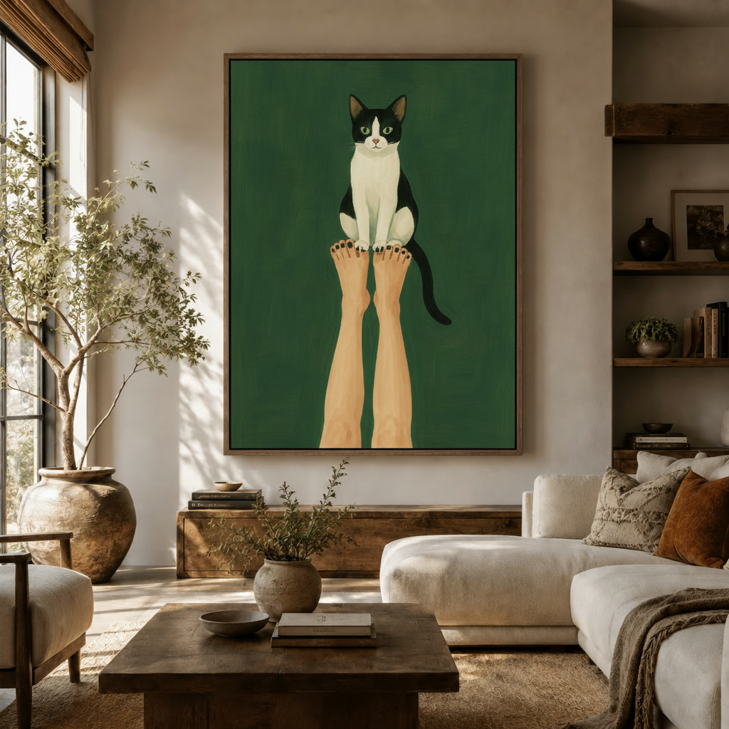 Bold graphic tuxedo cat canvas hung above white sofa in bright modern living room with olive tree