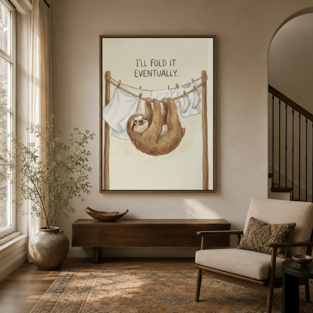 Humorous sloth laundry wall art in dark walnut float frame hanging in entryway with dried branches
