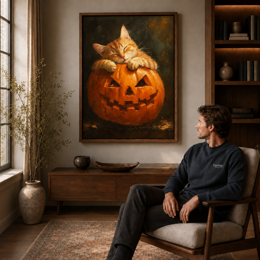 Sleeping cat pumpkin wall art displayed above a wood cabinet beside a seated man.