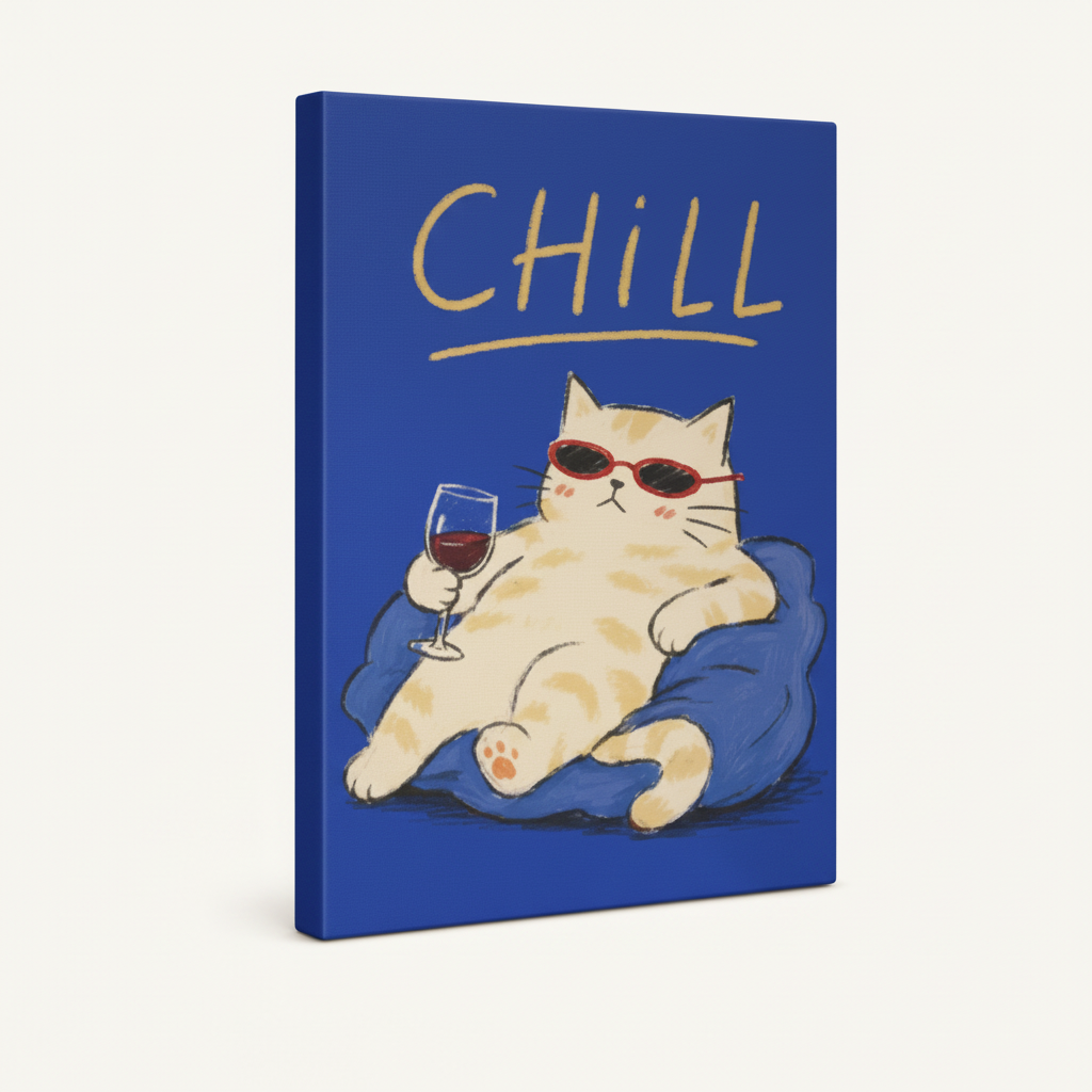 Gallery-wrapped chill cat blue background kawaii canvas with blue wrap sides on off-white background