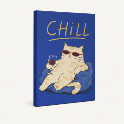 Gallery-wrapped chill cat blue background kawaii canvas with blue wrap sides on off-white background