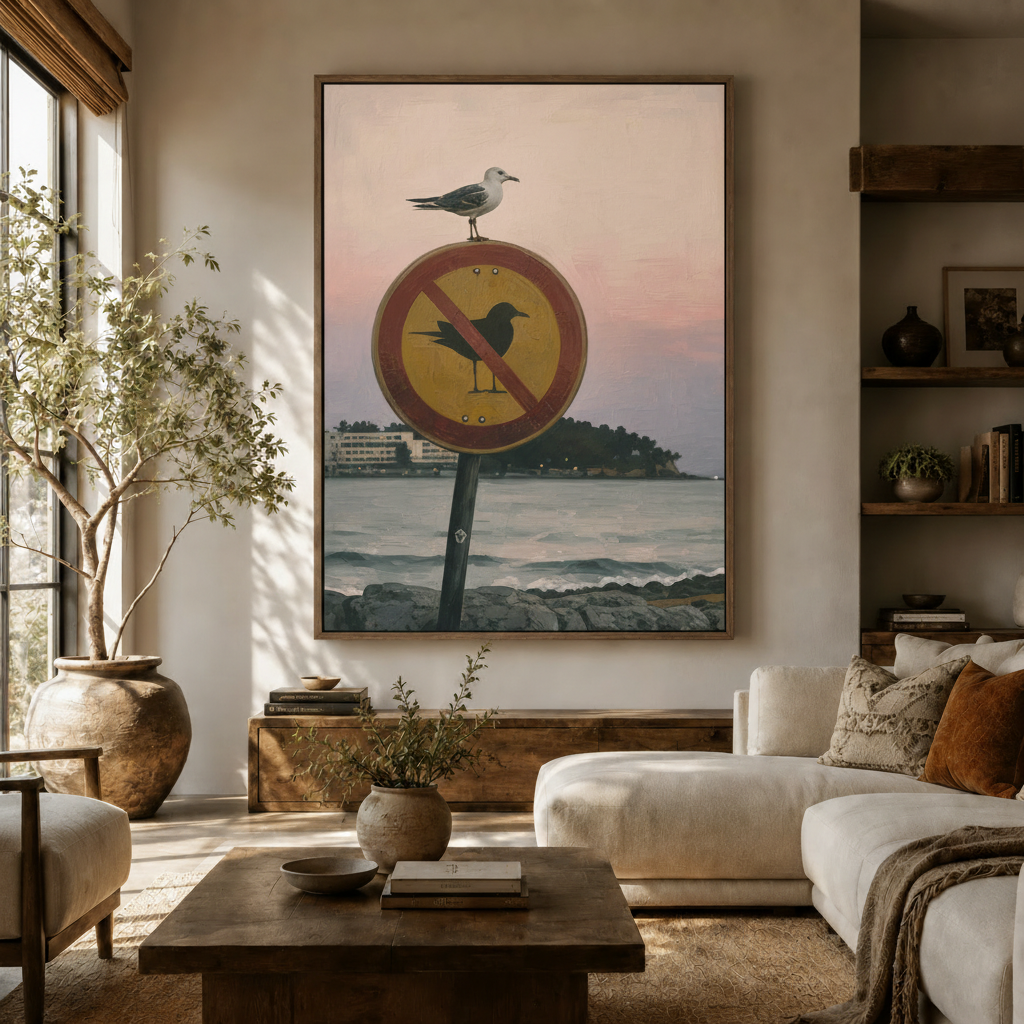Humorous seagull coastal wall art in dark walnut frame hung above white sofa in modern living room