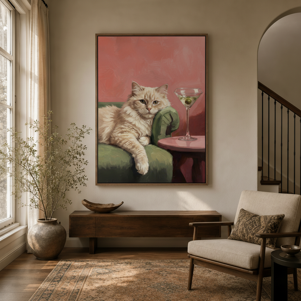 Retro illustration of fluffy cat with martini glass in float frame hanging in modern entryway beside dried branches