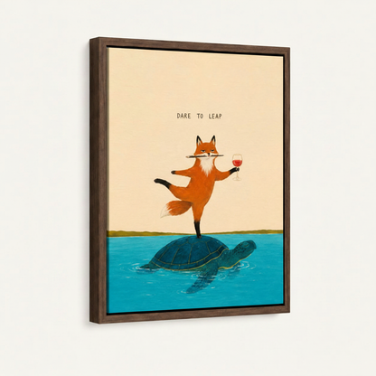Minimalist fox turtle dare to leap motivational canvas in wide dark walnut float frame, 3/4 portrait angle
