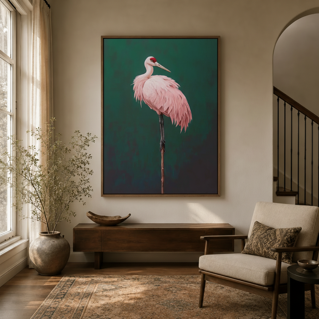 Elegant pink spoonbill bird canvas print in walnut float frame styled in a warm neutral entryway