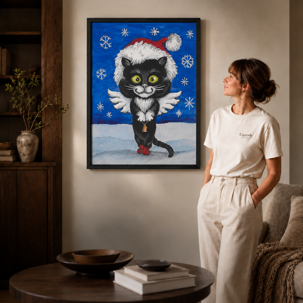 Black-framed black cat Christmas wall art beside a sofa in a dark wood interior.