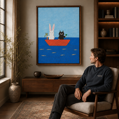 White rabbit and black cat in a red boat displayed above a seated man.