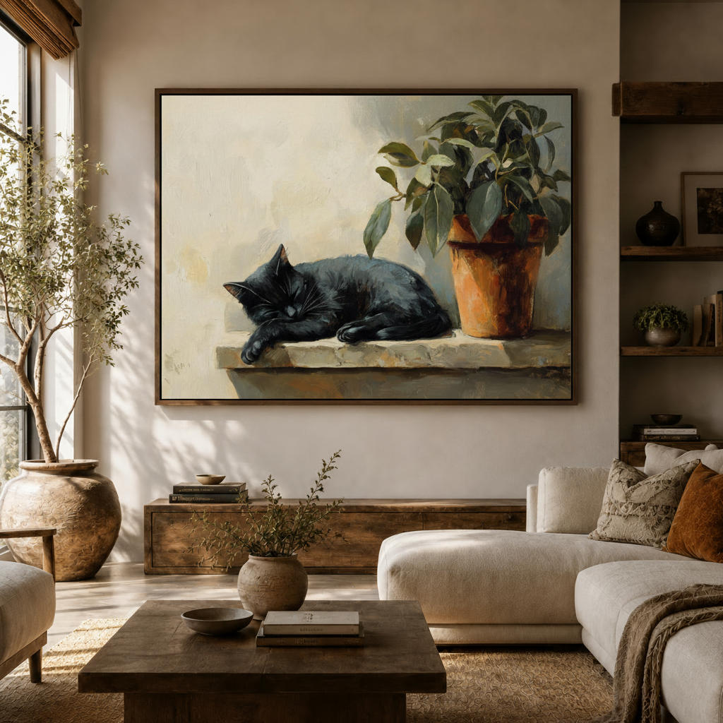 Black cat oil painting canvas print styled in a modern living room sofa area