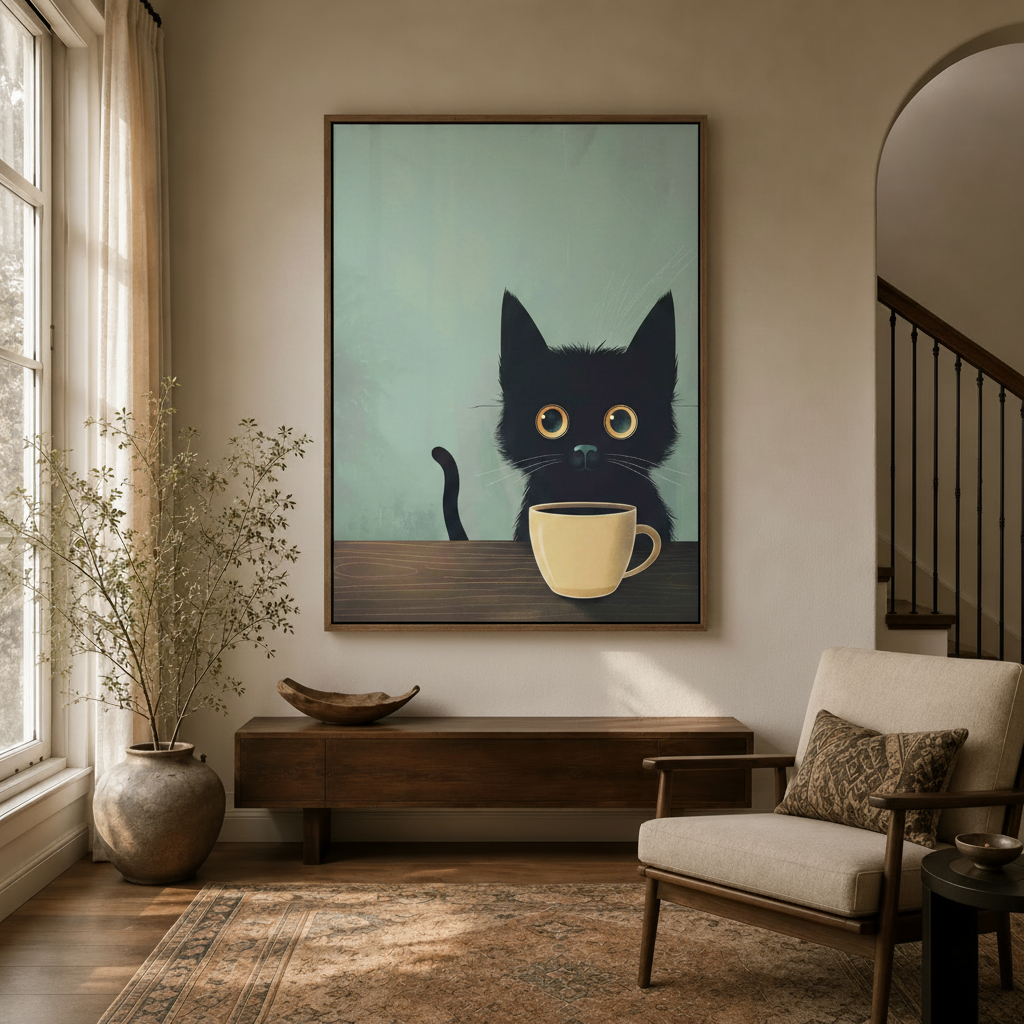 Black cat and coffee mug canvas print styled in a neutral hallway entryway with wood console