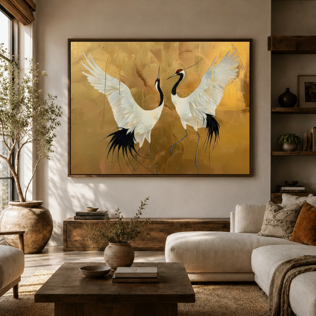 Asian crane gold leaf canvas wall art hung in bright living room with olive tree and white sofa