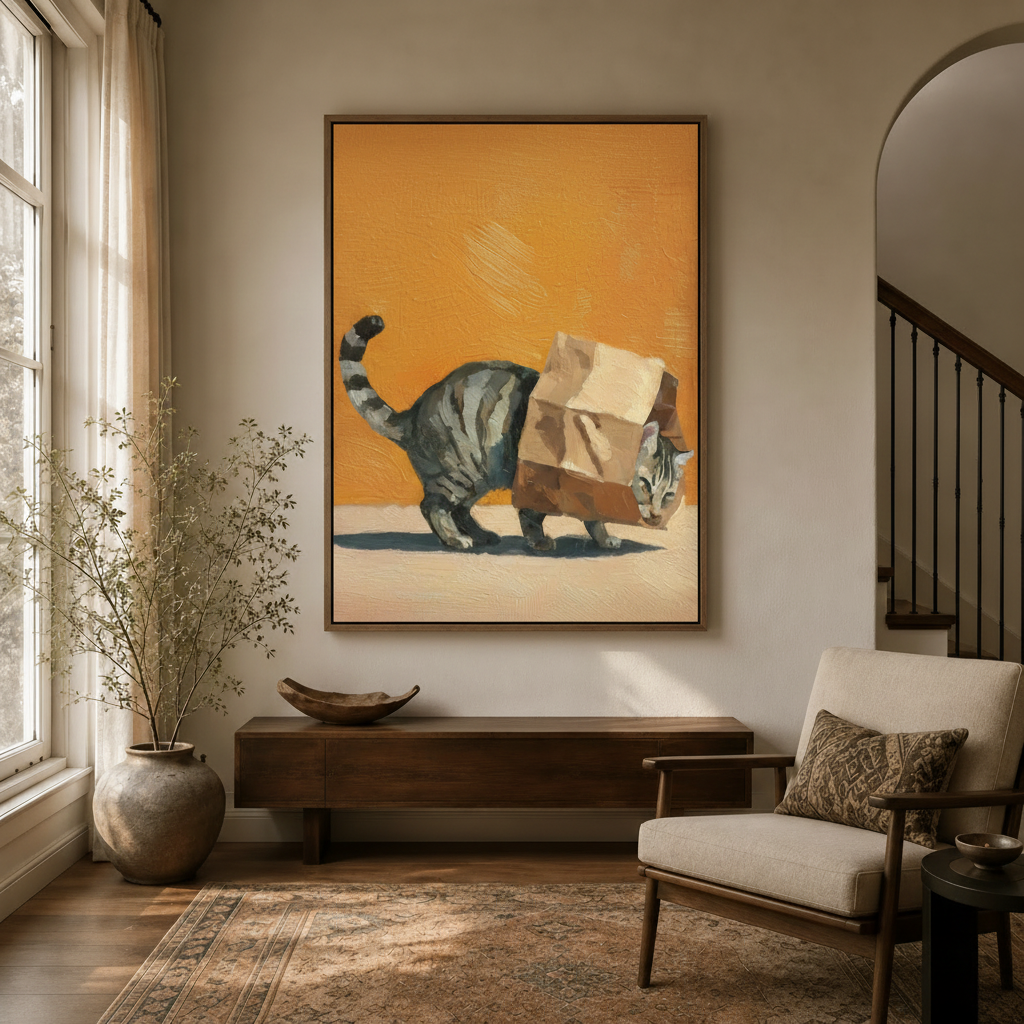 Funny tabby cat canvas artwork hanging in a modern entryway above a dark walnut console table
