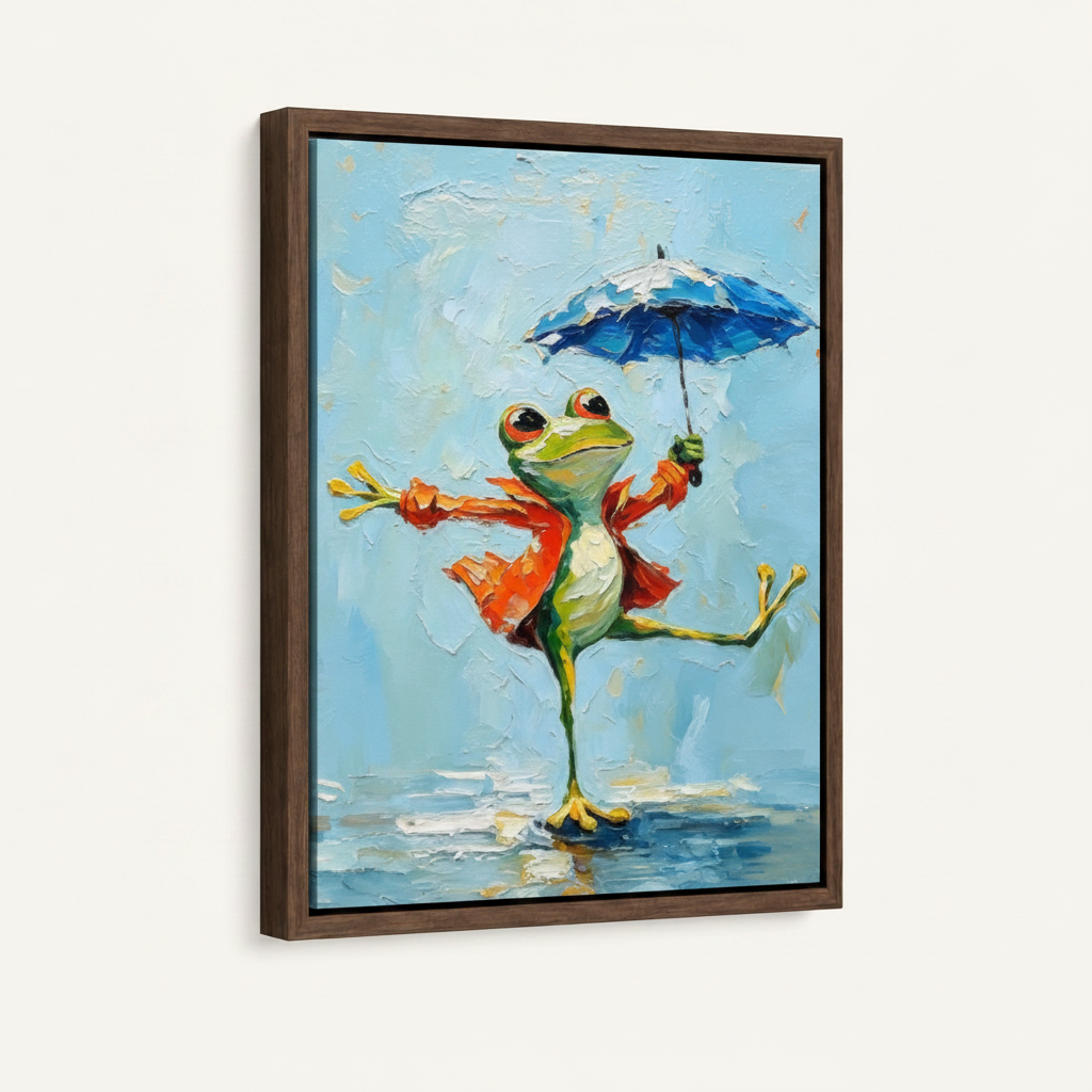 Whimsical dancing frog rain impasto canvas in dark walnut wide float frame, portrait 3/4 left angle view
