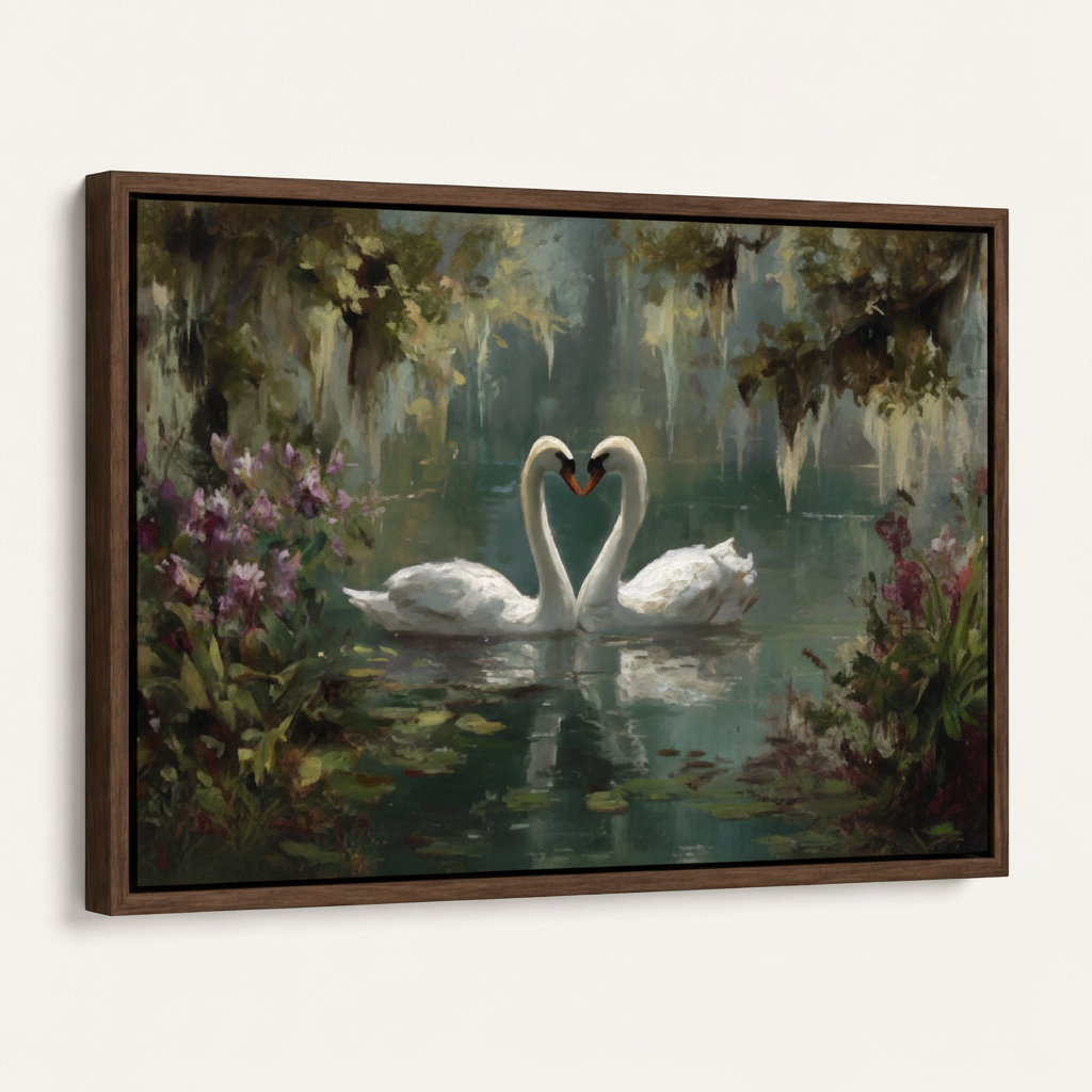 Framed two swans heart lake classical romantic canvas print in dark walnut float frame angled 3/4 view