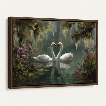 Framed two swans heart lake classical romantic canvas print in dark walnut float frame angled 3/4 view