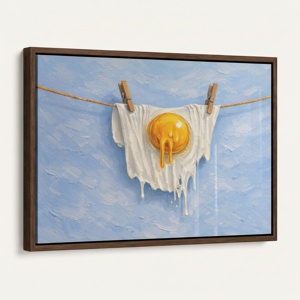 Framed fried egg clothesline surrealist impasto canvas print in dark walnut float frame angled view