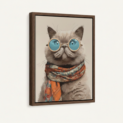 Exotic shorthair cat blue sunglasses fine-line canvas in dark walnut float frame, 3/4 angle white background