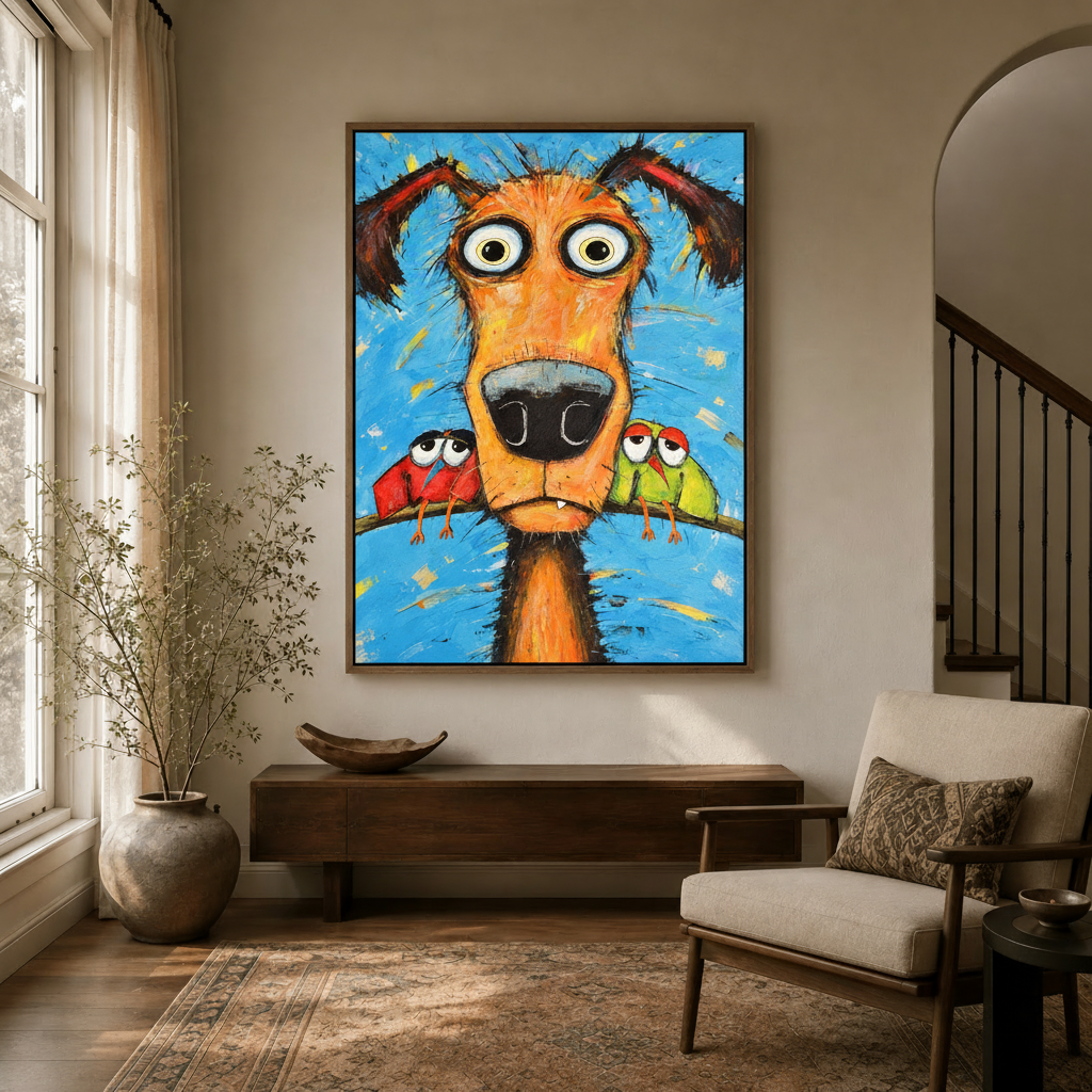 Colorful expressive dog painting in dark walnut float frame displayed in a modern entryway hallway