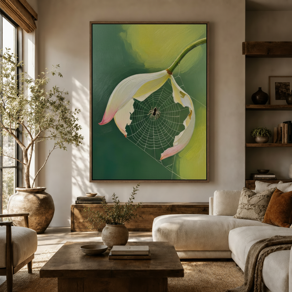 Moody spider web lotus wall art hanging in bright modern living room with white sofa