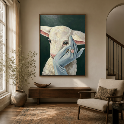 White baby goat portrait oil painting in dark walnut floating frame displayed in modern entryway with arched doorway