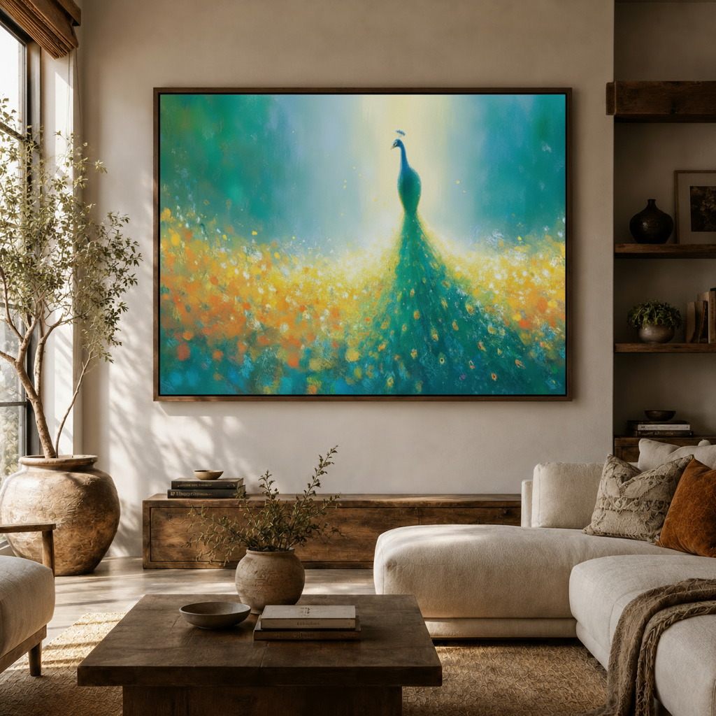 Peacock impressionist wall art above a console in a bright modern living room with olive tree
