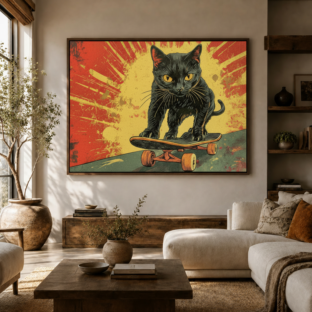 Bold black cat skateboarding wall art above console in a modern neutral living room