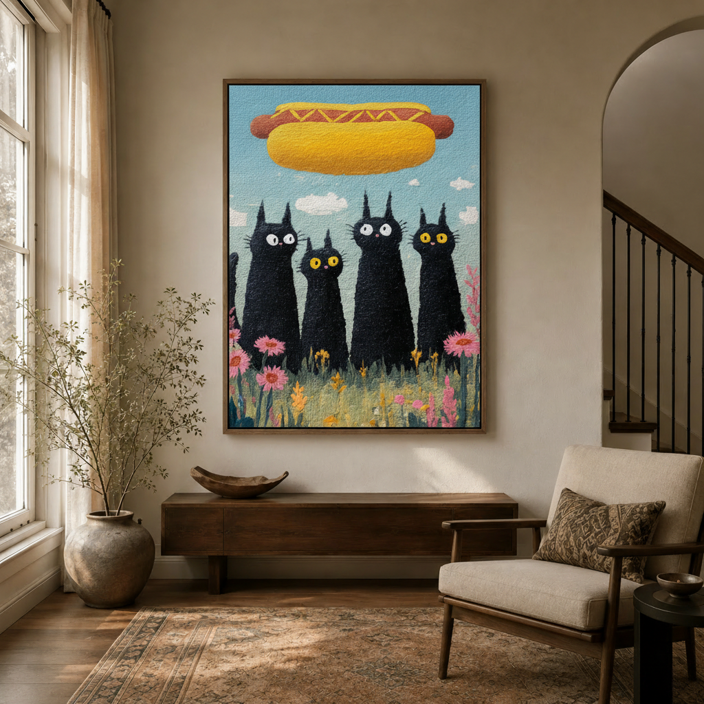 Funny black cats and floating hot dog folk art painting in a warm entryway hallway