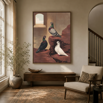 Victorian pigeon oil painting framed canvas wall art styled in a warm neutral entryway with arched doorway